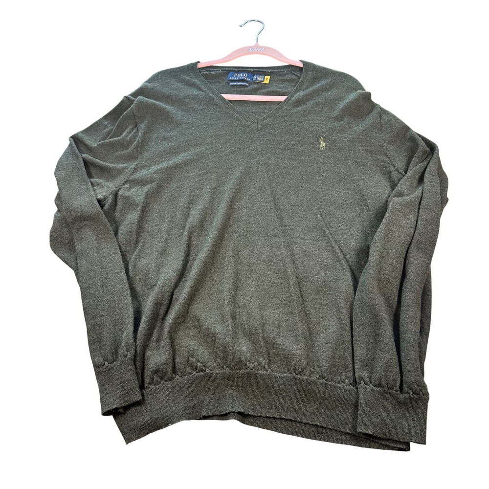 Polo Ralph Lauren Sweater Mens XXL Green Merino Wool V-Neck Pony Logo Knit